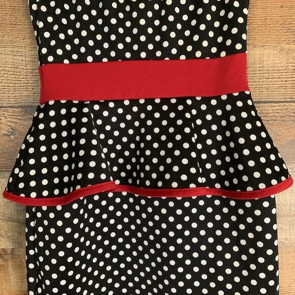 Emerald Sundae Strapless Black White Red Polkadot Peplum Dress Size Small - Picture 6 of 8